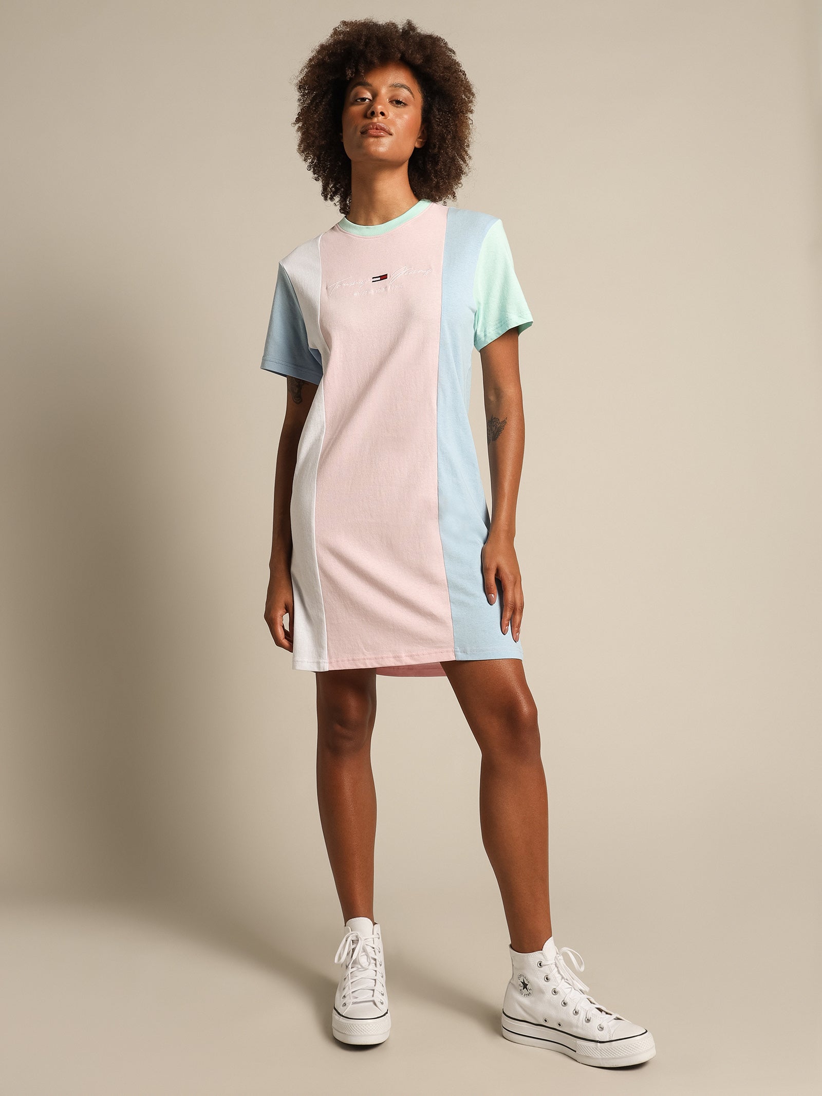 Color Block T-Shirt Dress in Romantic Pink & Multi