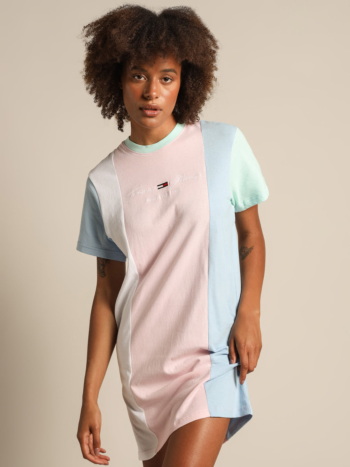 Color Block T-Shirt Dress in Romantic Pink &amp; Multi