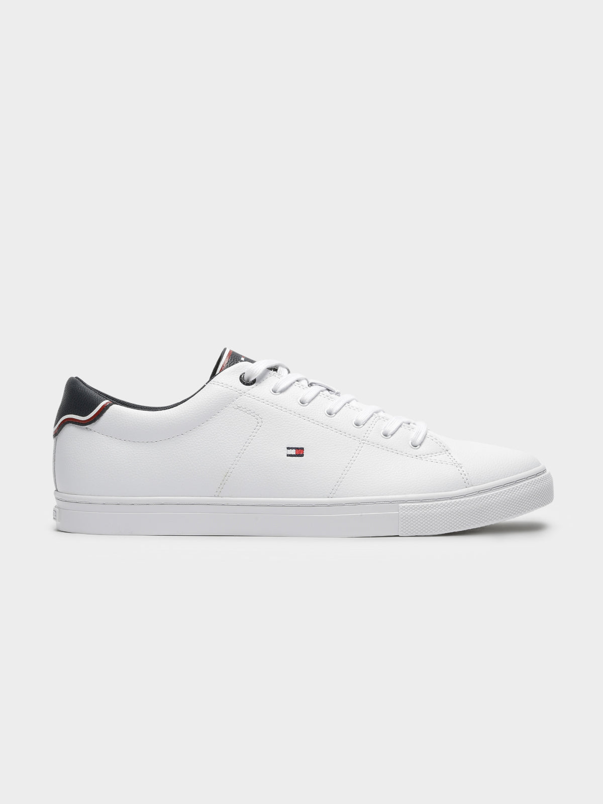 Mens Essentials Leather Vulcanized Sneakers in White &amp; Navy
