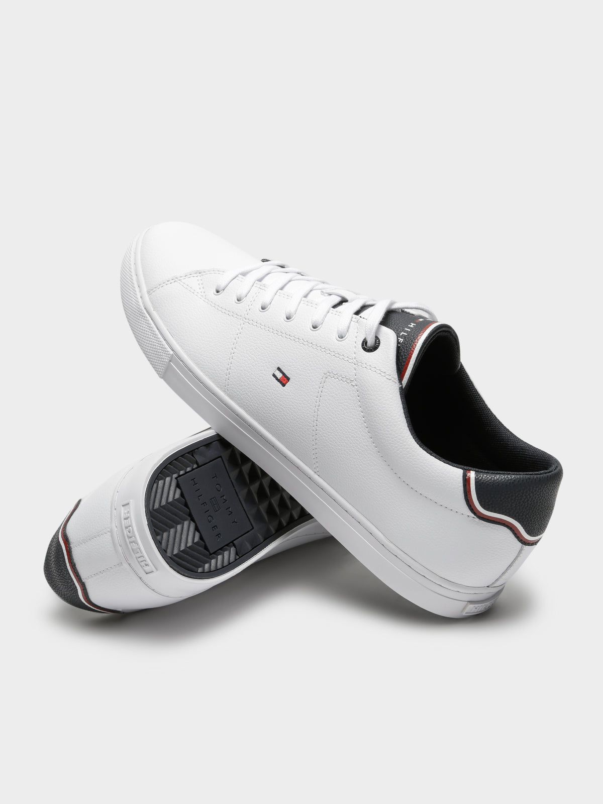 Mens Essentials Leather Vulcanized Sneakers in White &amp; Navy