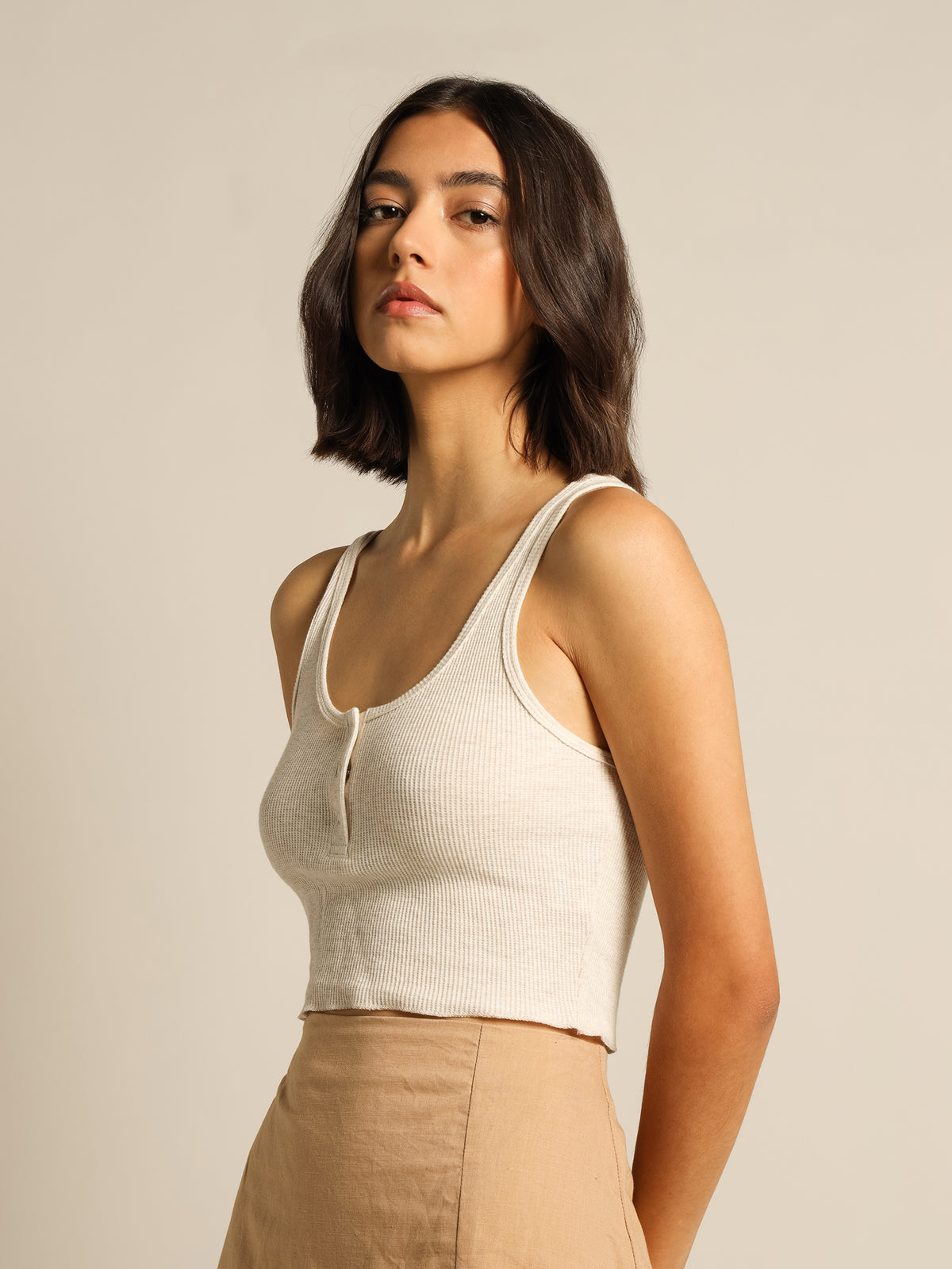 Jade Button Front Waffle Tank in Cream Marle