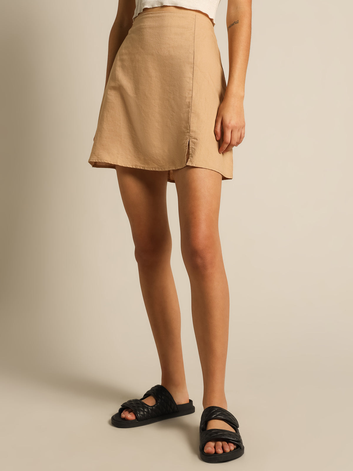 Nima Linen Mini Skirt in Caramel Brown