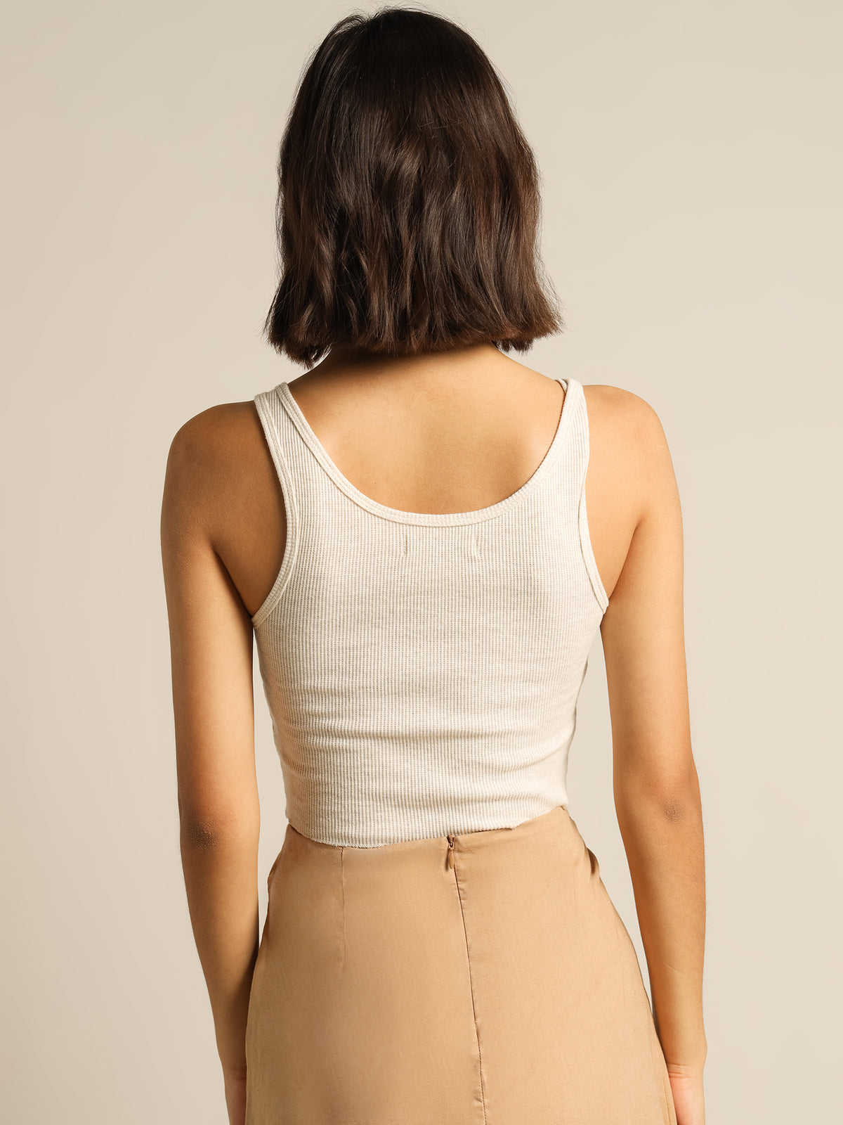 Jade Button Front Waffle Tank in Cream Marle