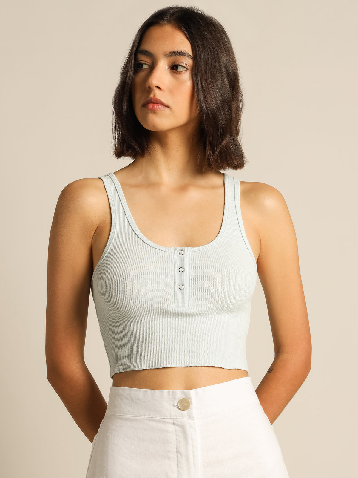 Jade Button Front Waffle Tank in Ice