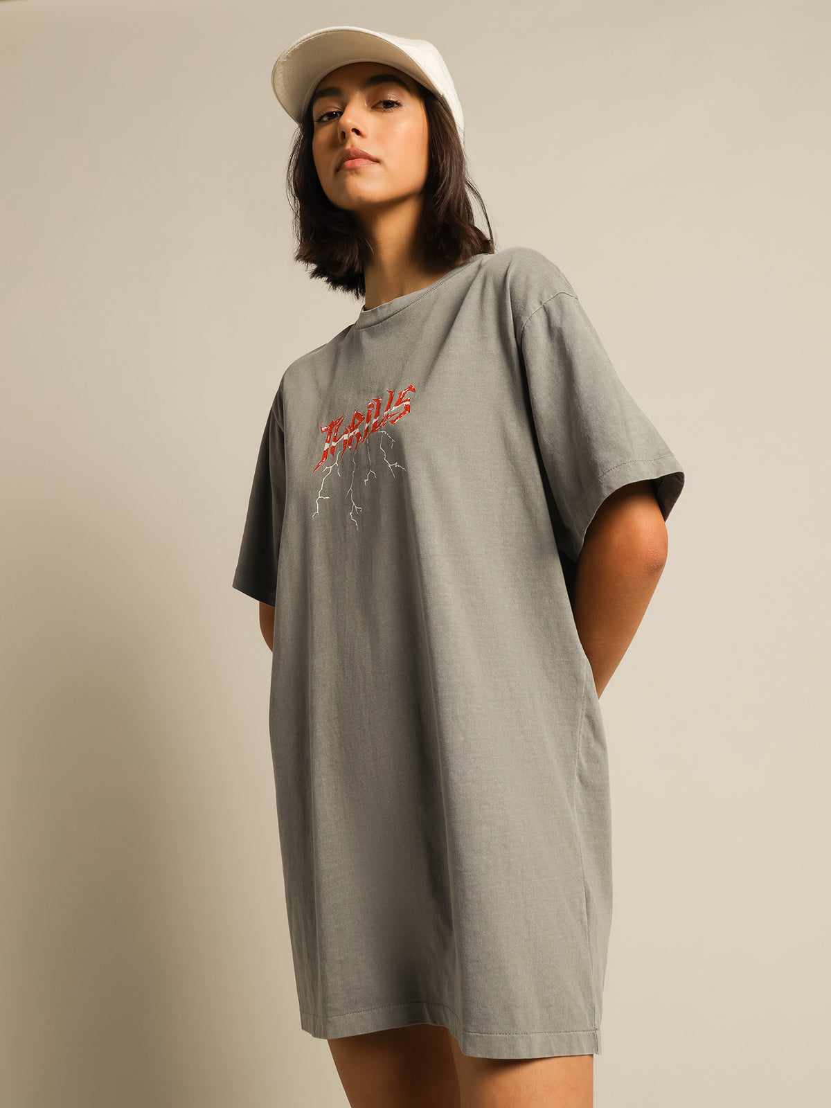 Shocker Merch Fit T-Shirt Dress in Washed Grey
