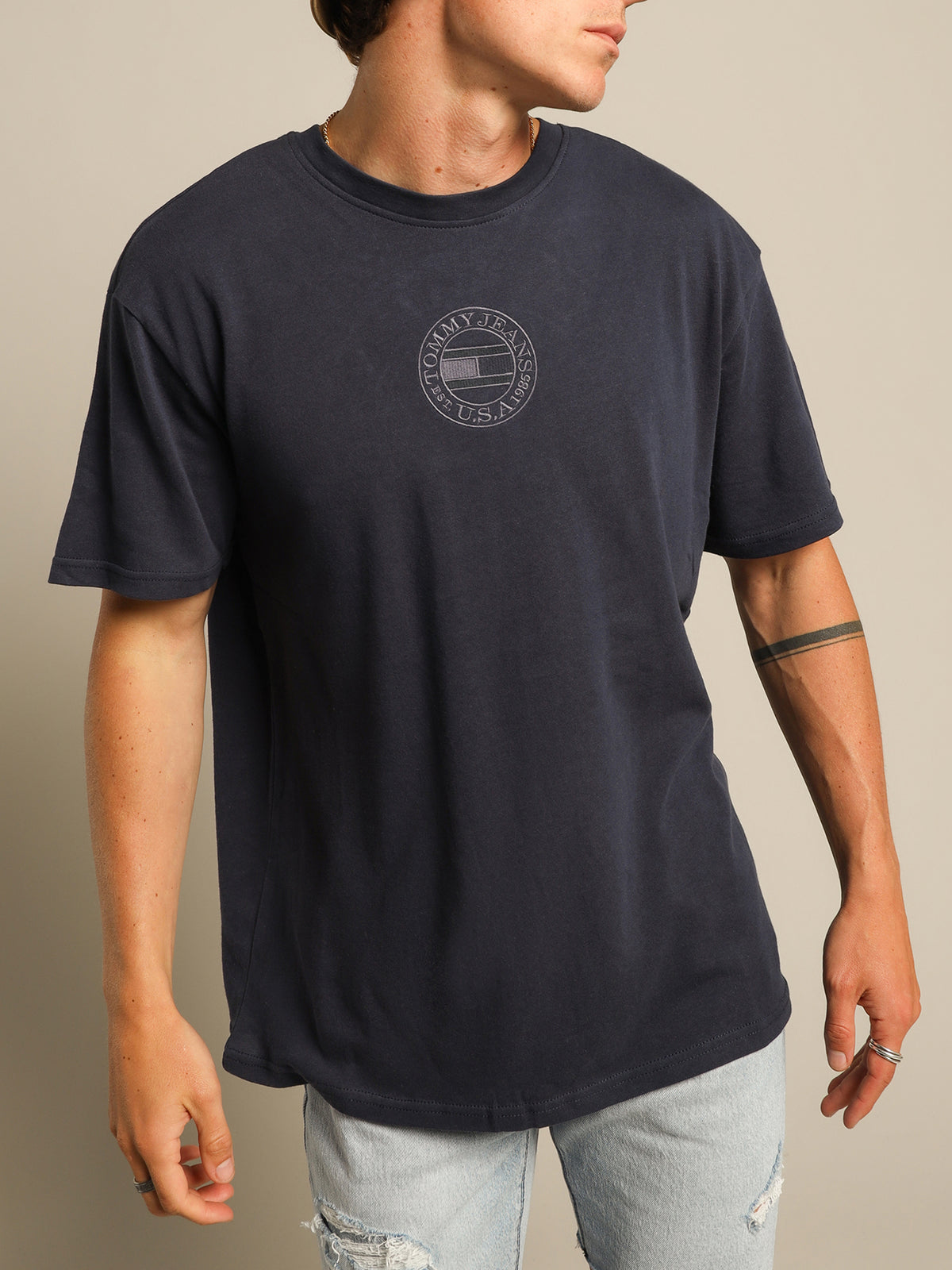 Tonal Circular Embroidery T-Shirt in Twilight Navy Blue