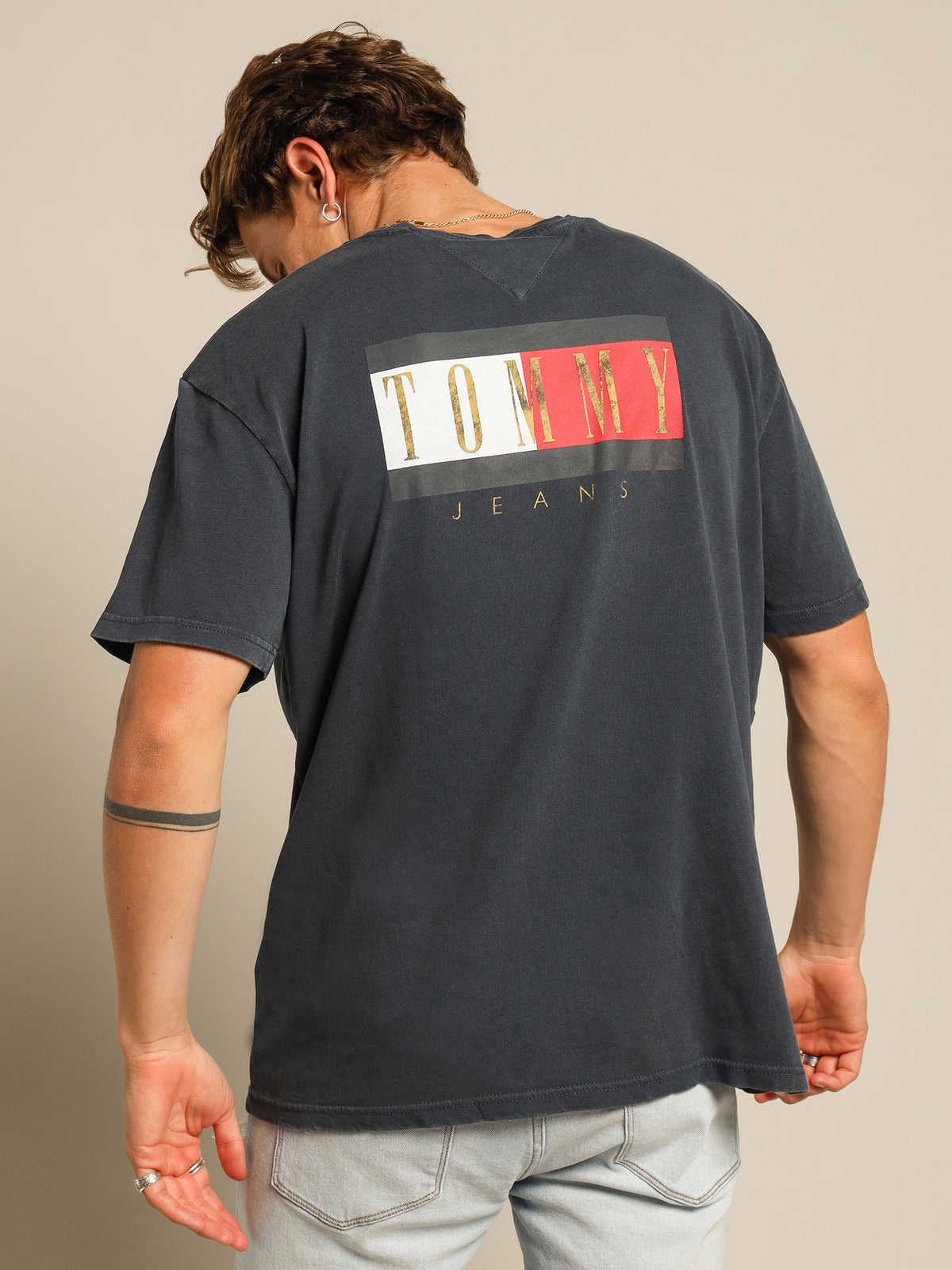 Vintage Flag Print T-Shirt in Navy Blue