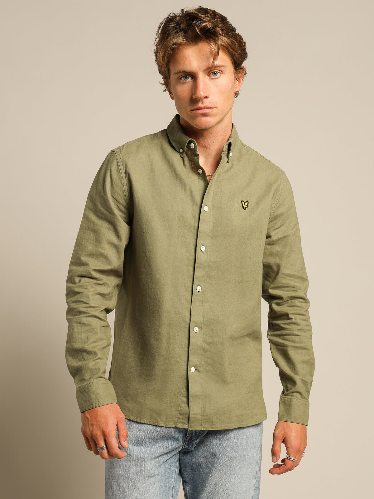 Cotton Linen Long Sleeve Shirt in Green