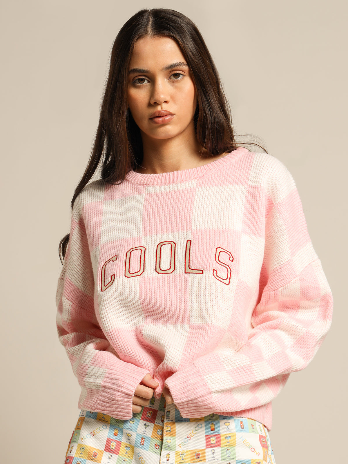College Knit in Pink Checkerboard