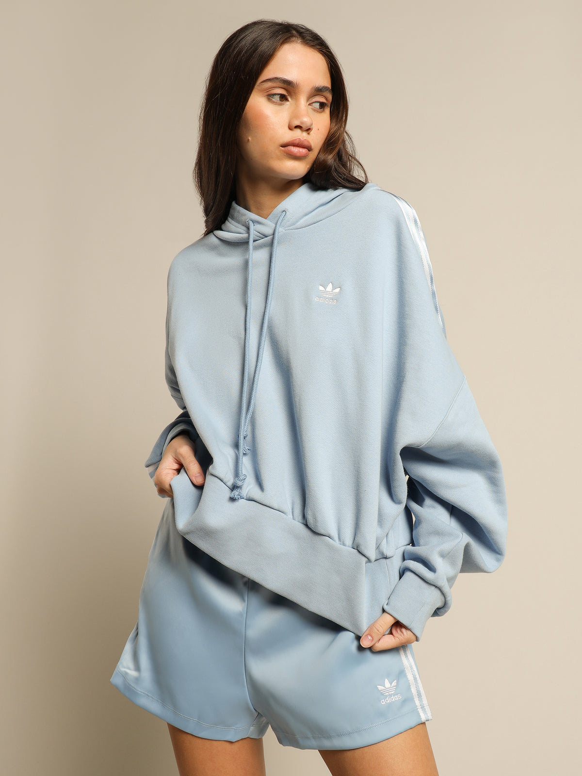 Satin Tape Cropped Hoodie in Ambient Sky