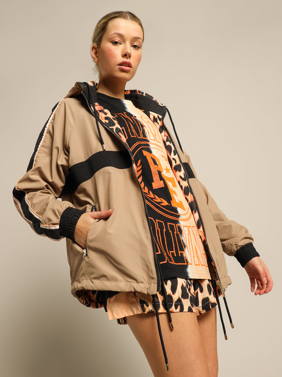 Man Down Reversible Jacket in Nude, Taupe &amp; Leopard Print