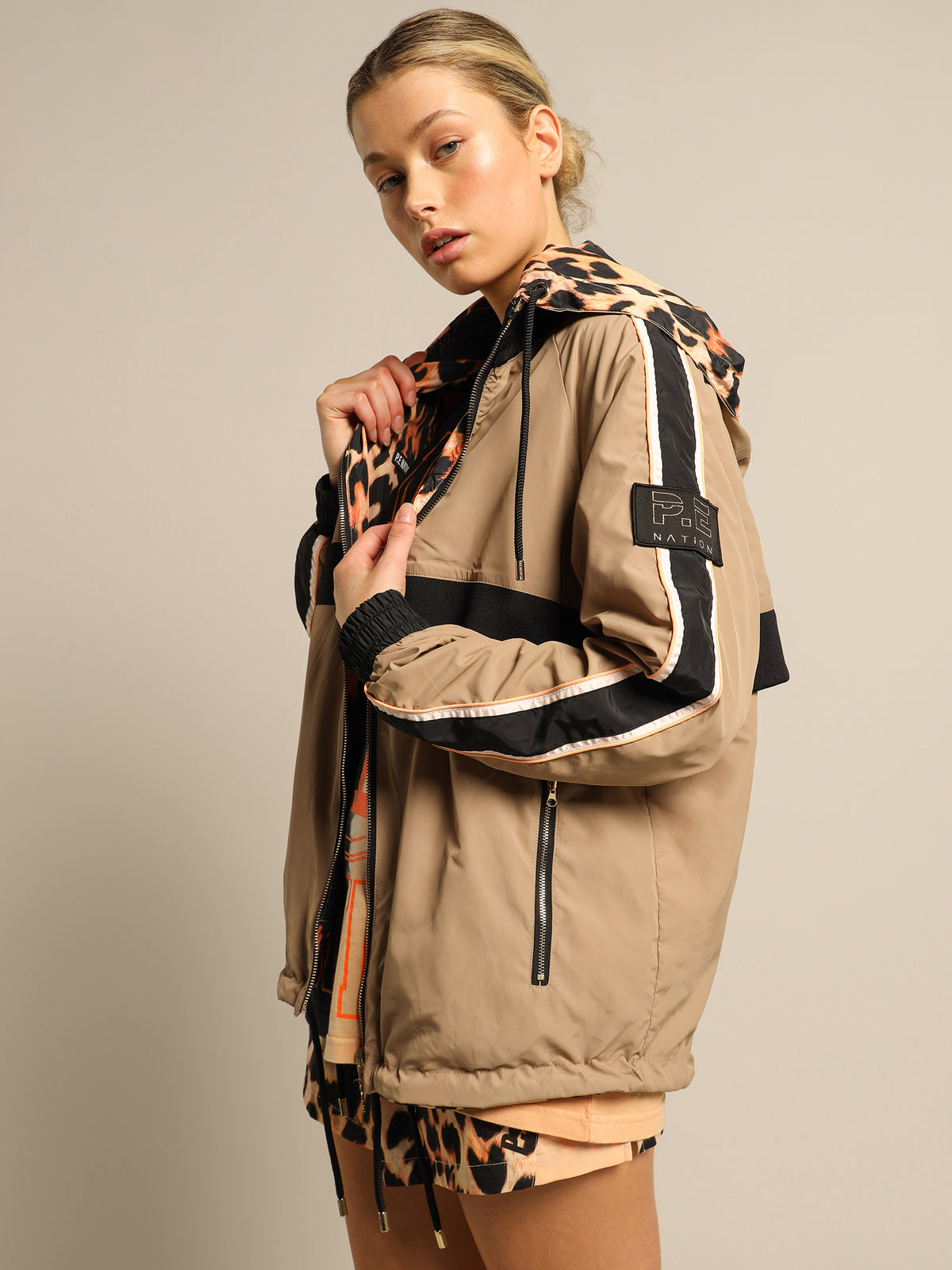 Man Down Reversible Jacket in Nude, Taupe &amp; Leopard Print