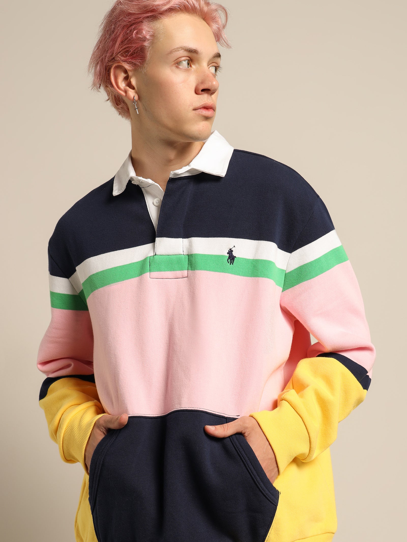 Multi Stripe Kangaroo Pocket Jersey Rugby Shirt