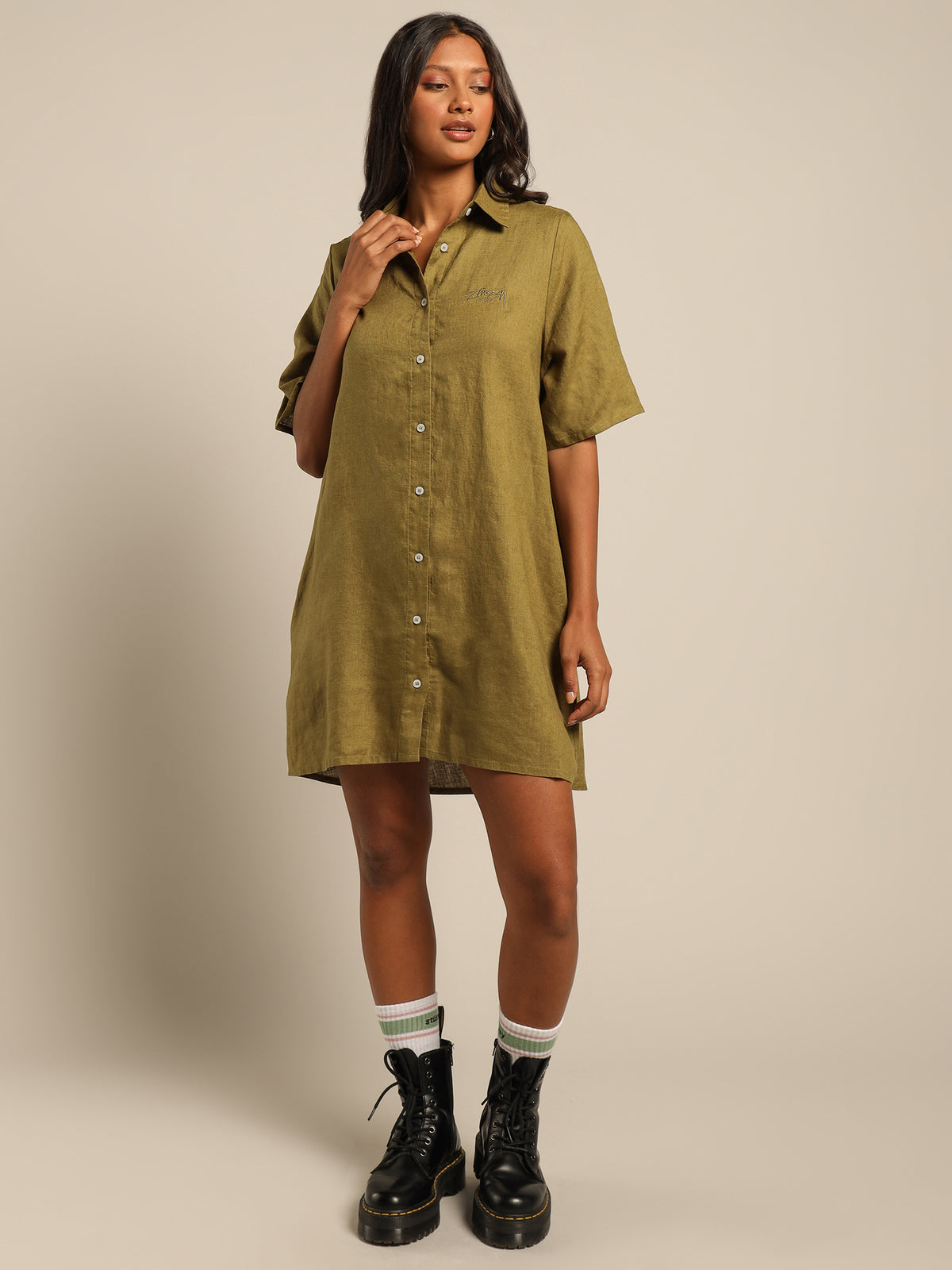 Stussy Cali Linen Shirt Dress Safari | Glue Store Stussy Cali Linen Shirt Dress Safari | Glue Store