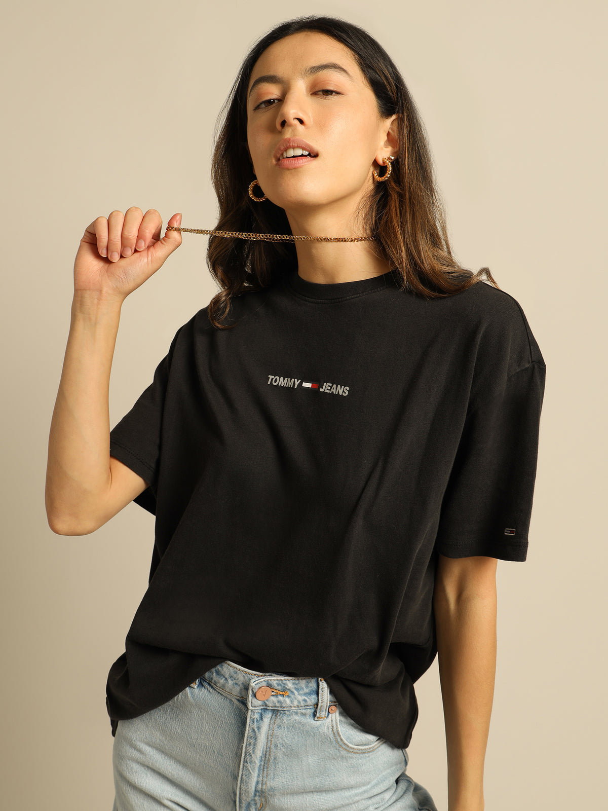 Oversized Reflective Linear T-Shirt in Black