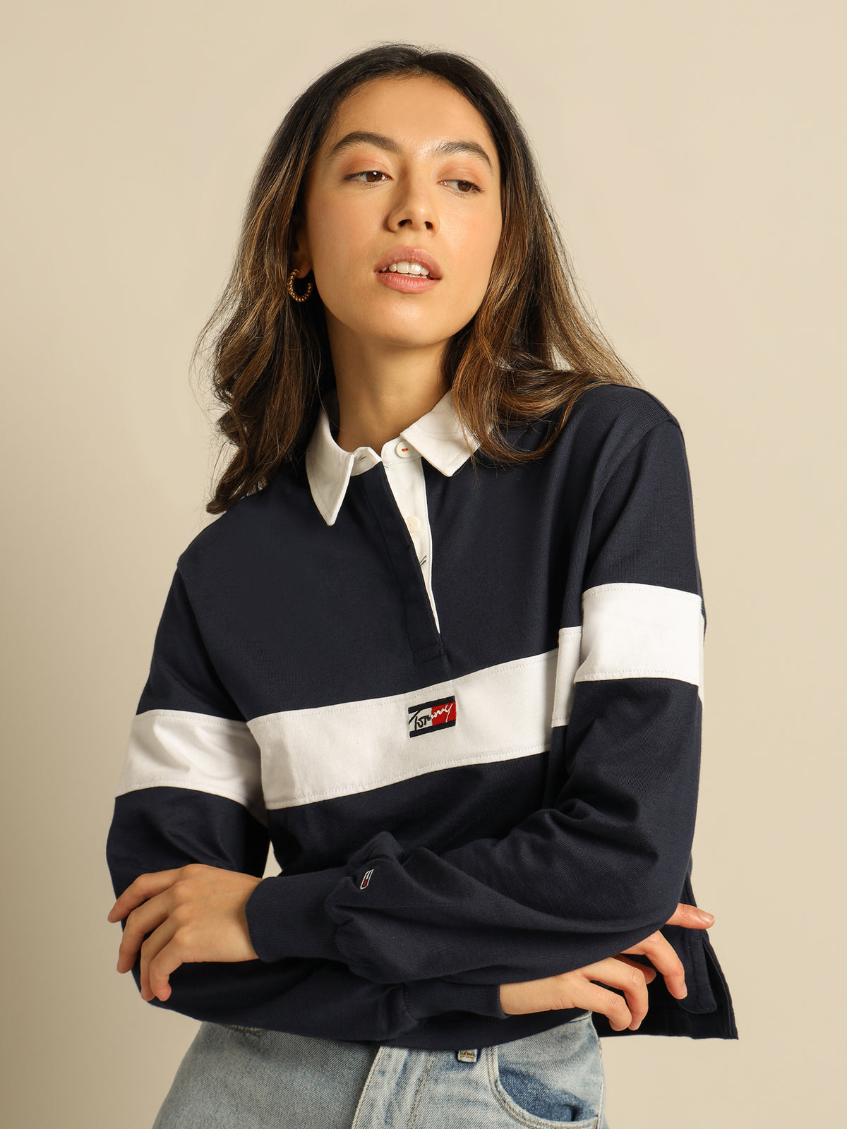 Crop Tiny Tommy Long Sleeve Polo in Twilight Navy