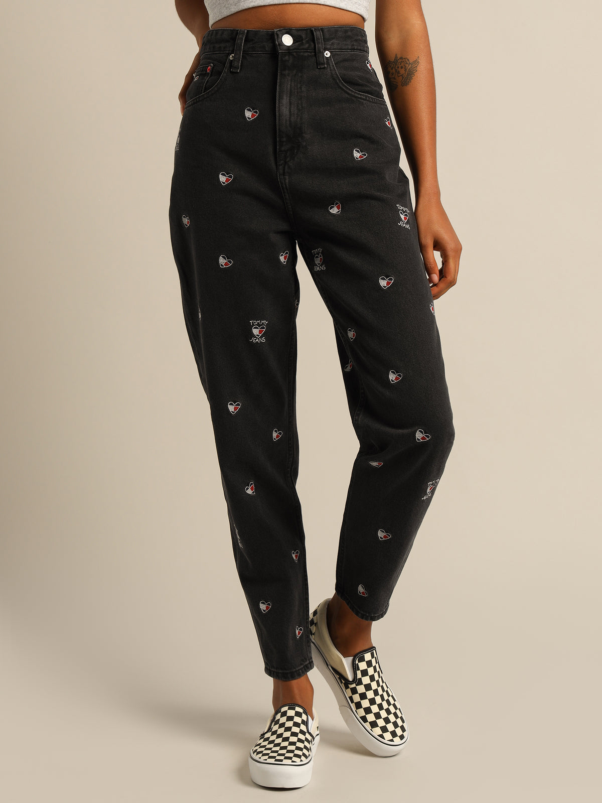 Ultra High-Rise Tapered Embroidered Heart Mom Jeans in Black