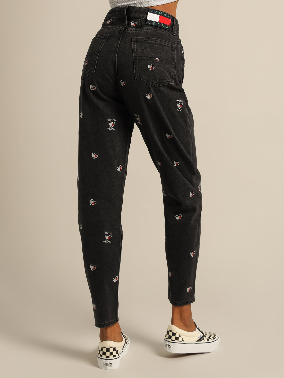 Ultra High-Rise Tapered Embroidered Heart Mom Jeans in Black
