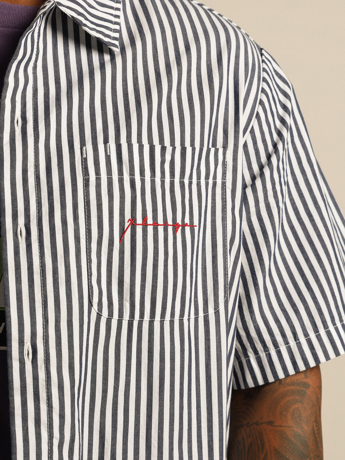 Parklife Short Sleeve Shirt in Navy &amp; White Stripe