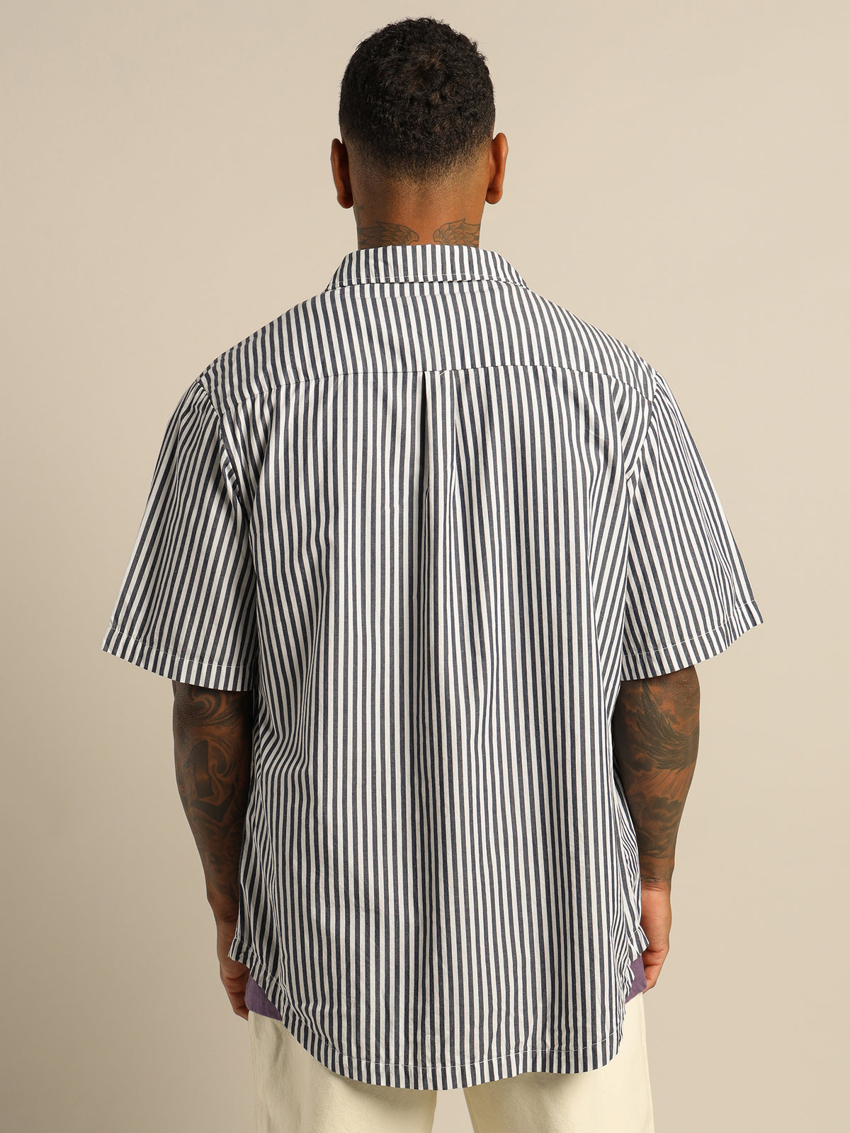 Parklife Short Sleeve Shirt in Navy &amp; White Stripe