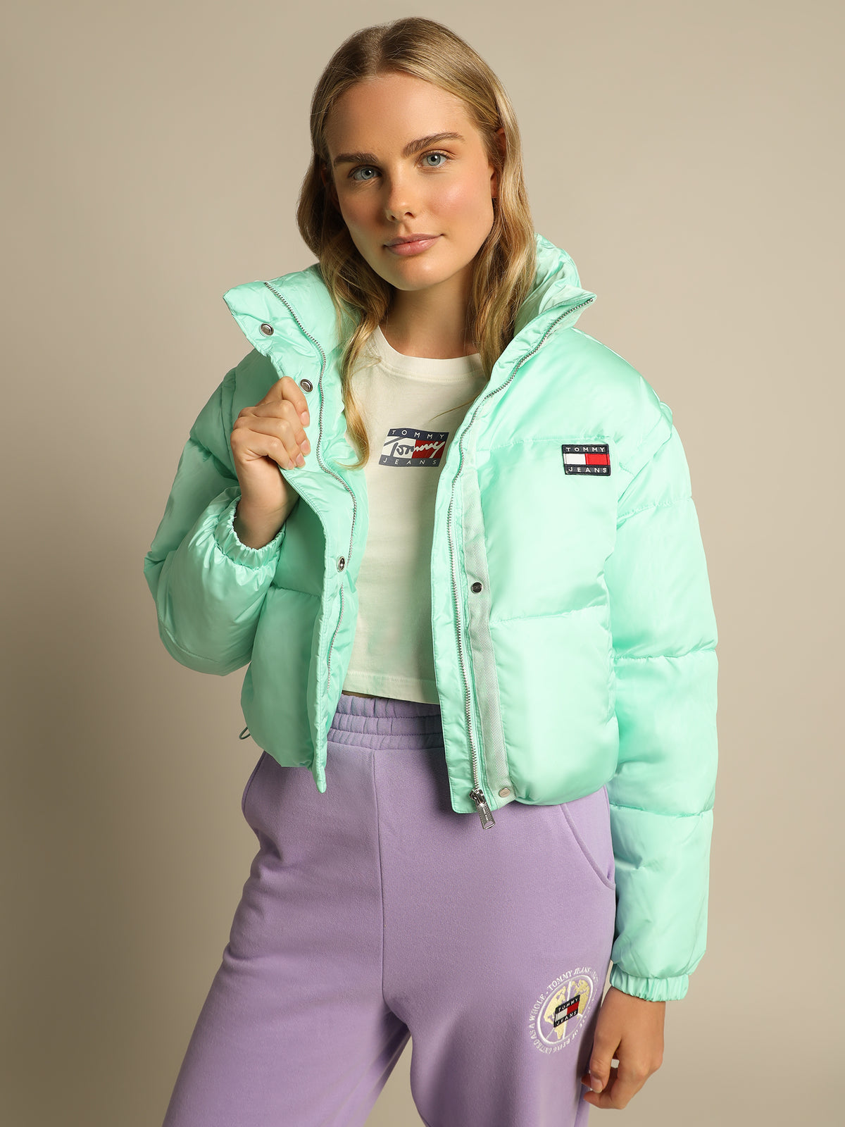 Crop Convertible Vest Puffer Jacket in Clear Lagoon