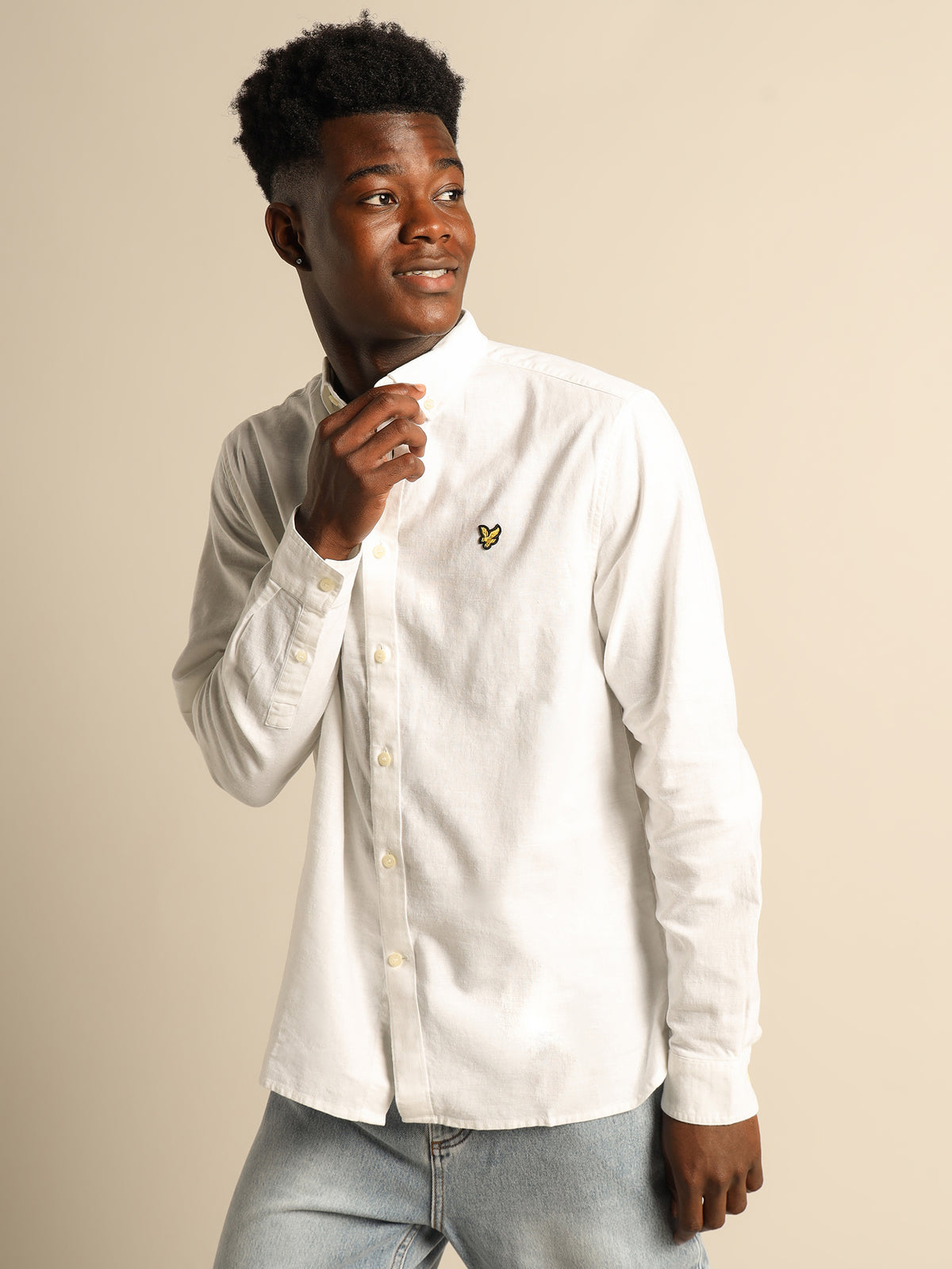 Cotton Linen Long Sleeve Shirt in White