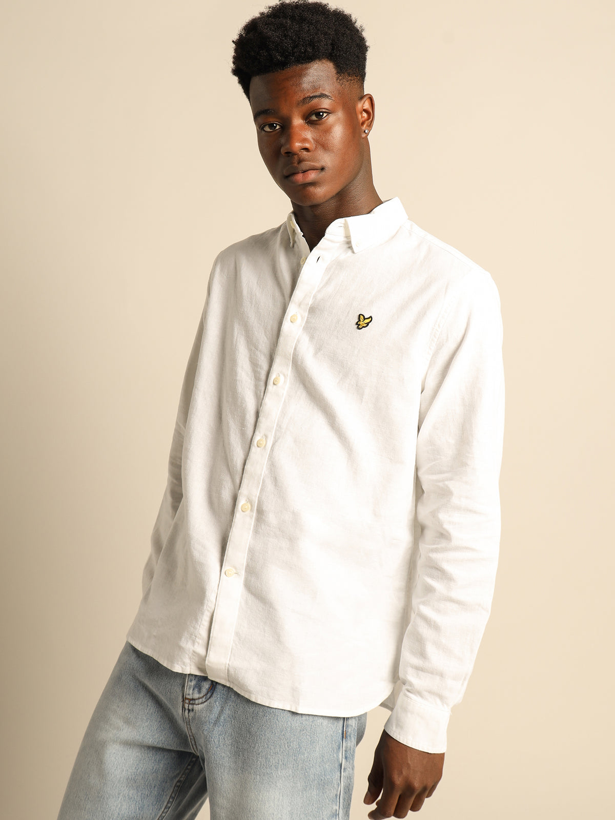 Cotton Linen Long Sleeve Shirt in White