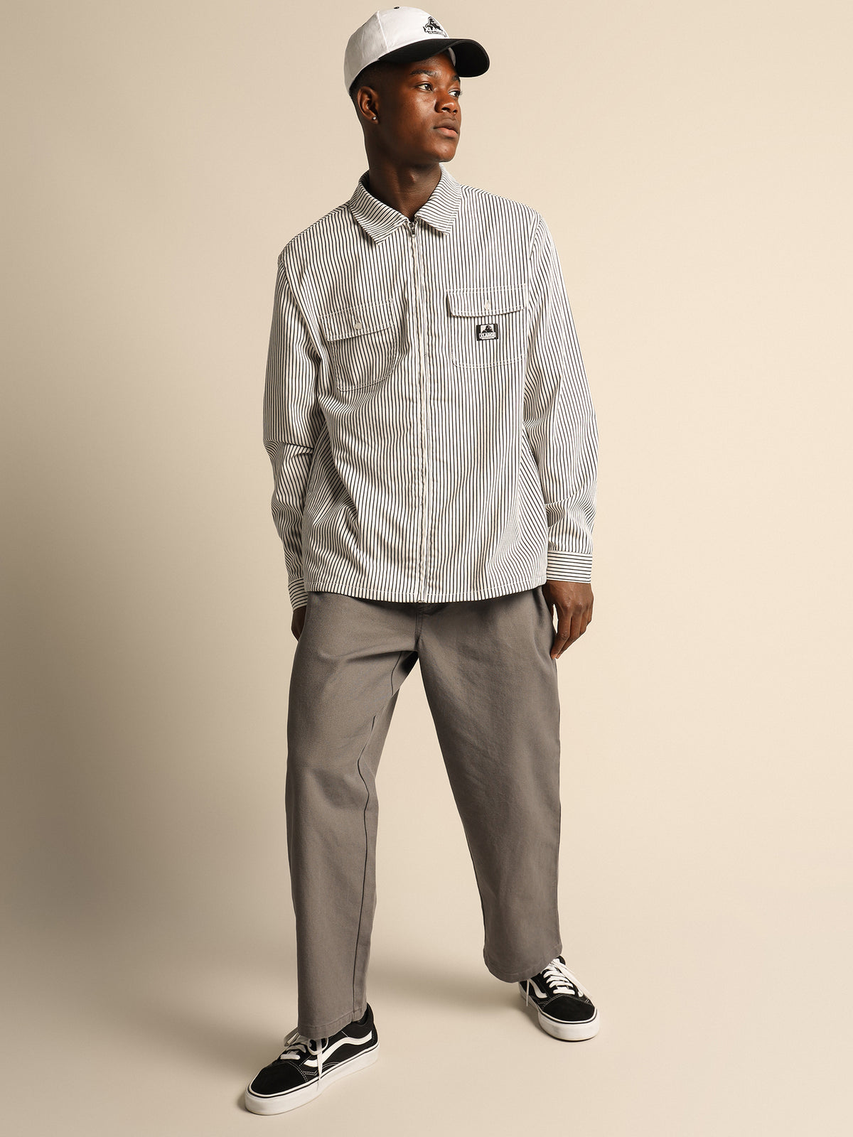 Pinstripe Long Sleeve Zip Shirt in Off White