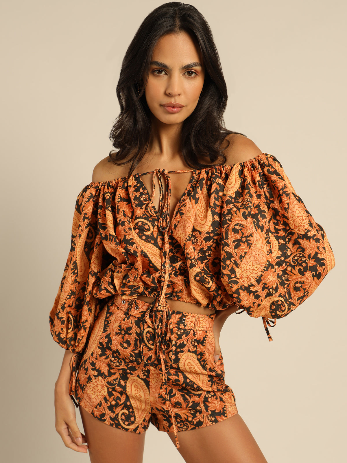 Mila Off-The-Shoulder Blouse in Burnt Paisley Print