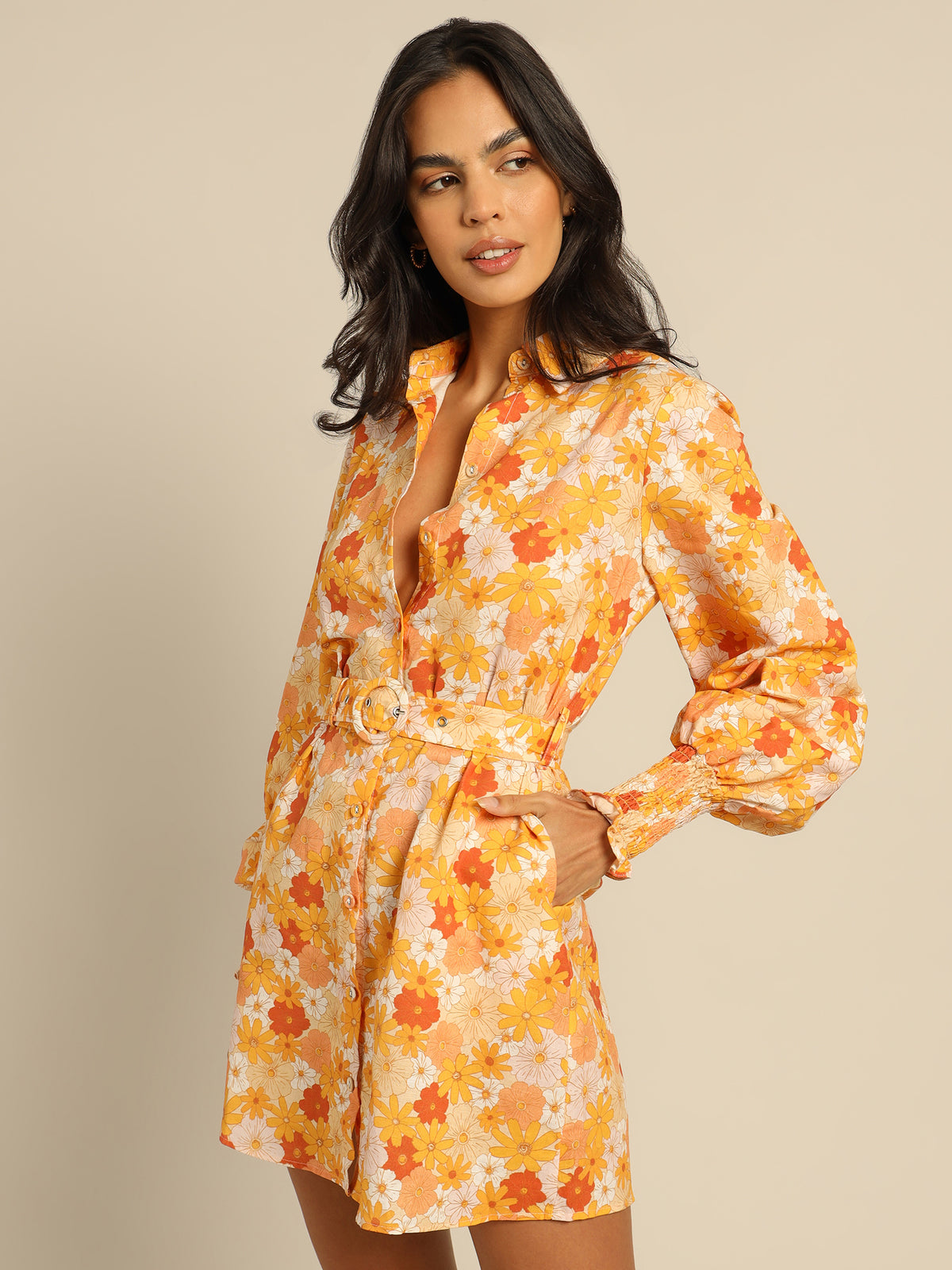 Amber Belted Shirt Dress in Seventies Floral