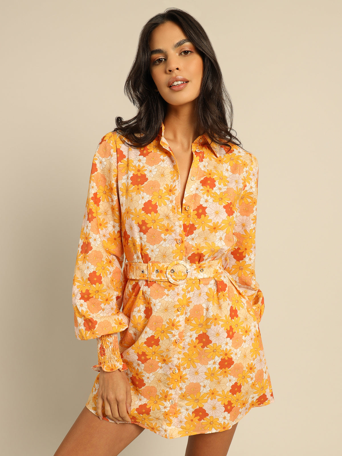 Amber Belted Shirt Dress in Seventies Floral
