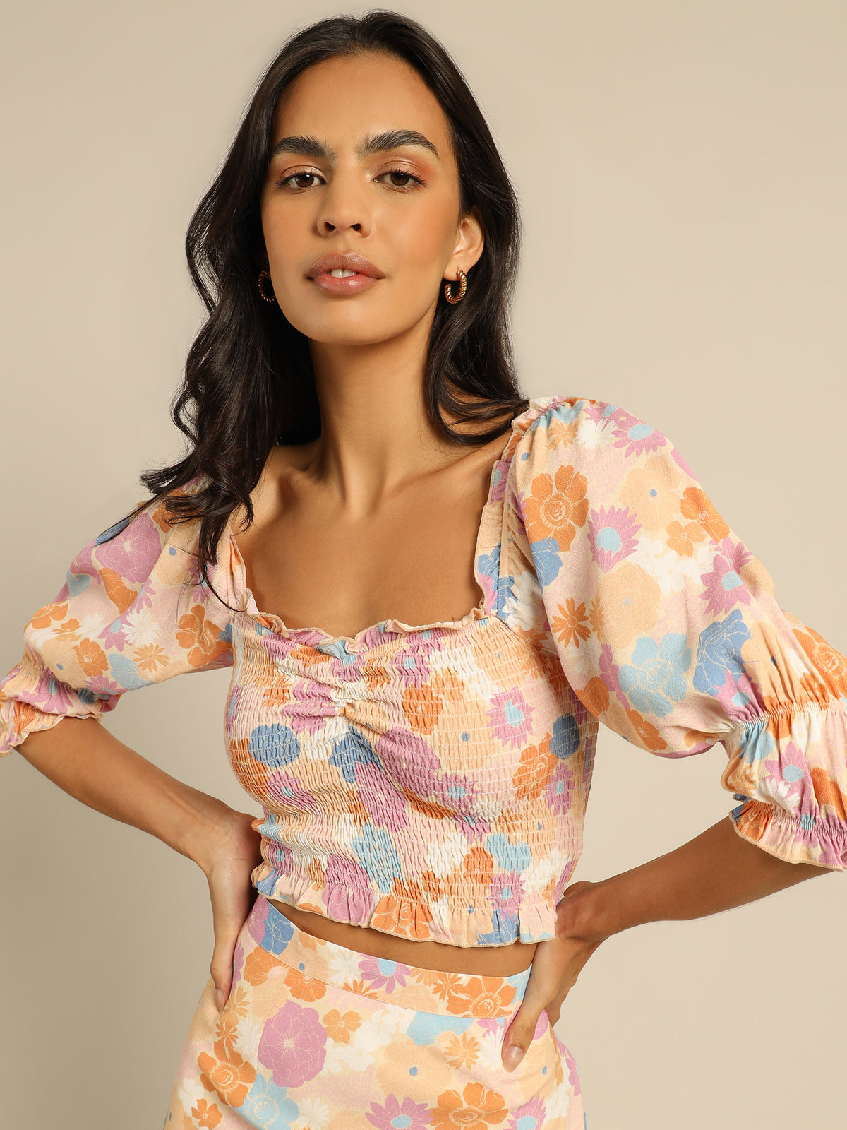 Daisy Puff-Sleeve Peasant Top in Floral Cove Print