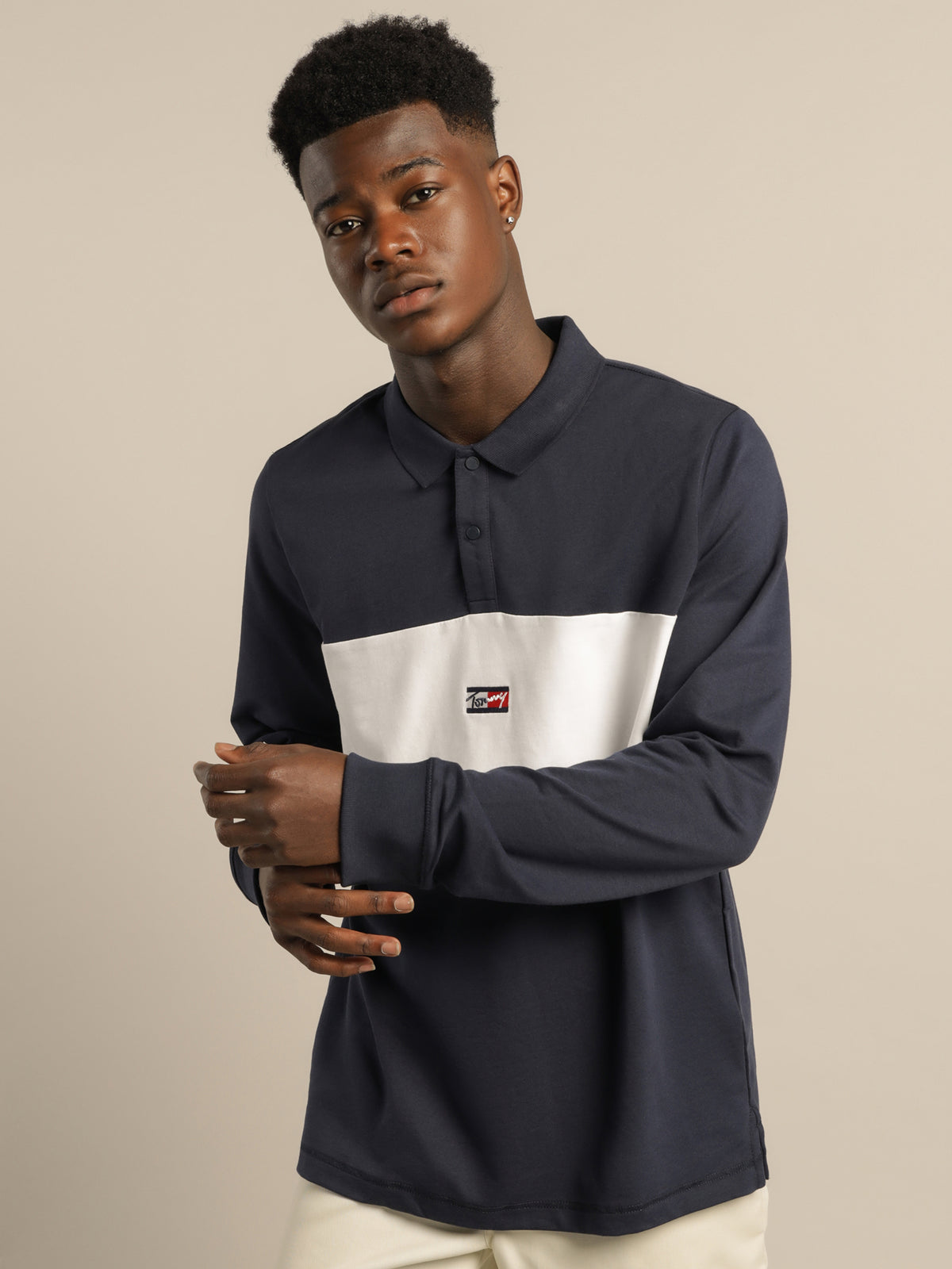 Colour Block Long Sleeve Regular Fit Polo in Navy