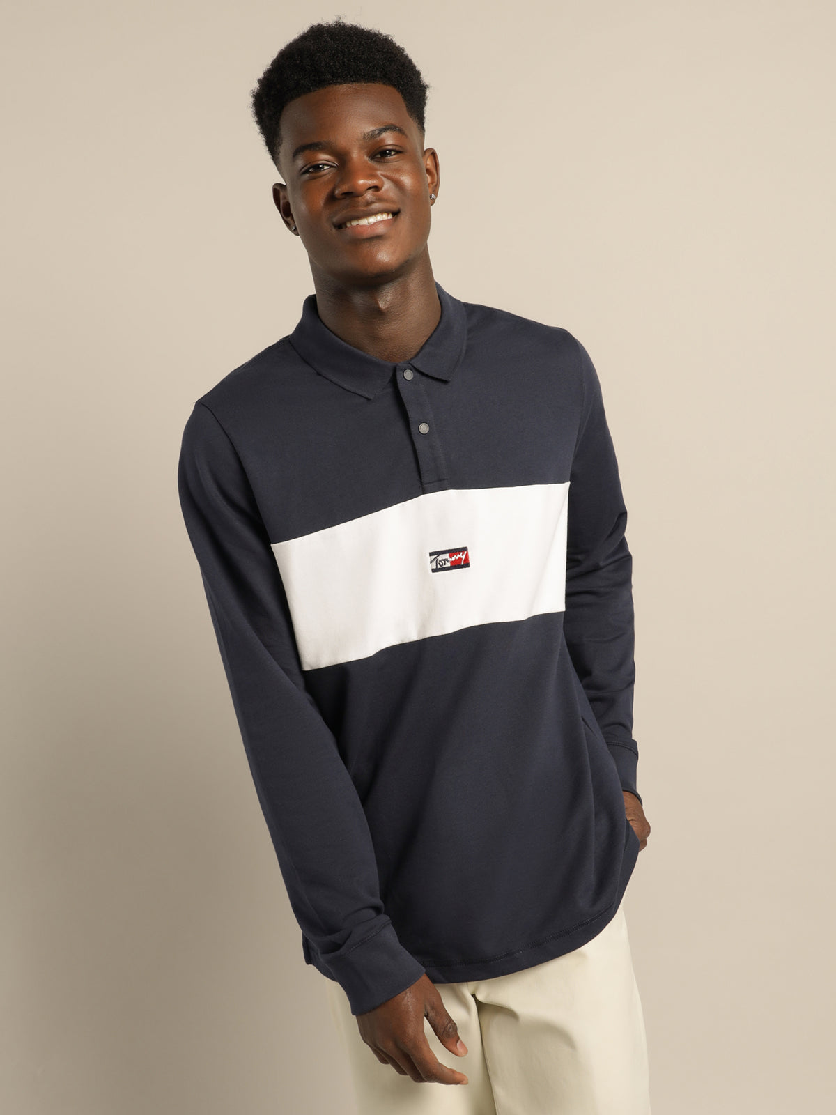Colour Block Long Sleeve Regular Fit Polo in Navy