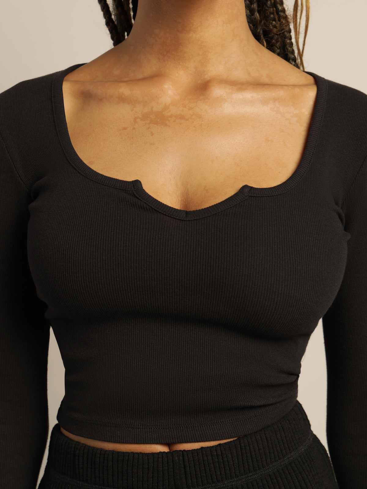 Tina Notch Front Long Sleeve Top in Black