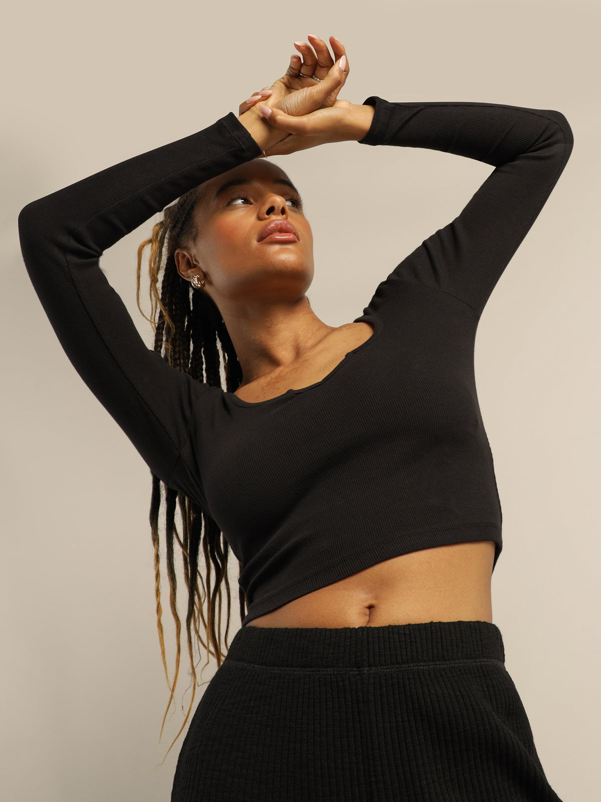 Tina Notch Front Long Sleeve Top in Black