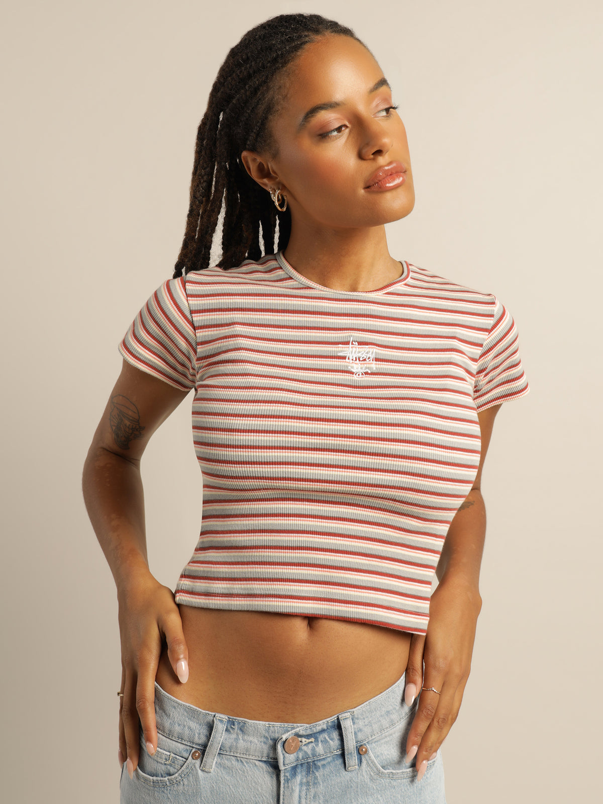 Rosada Stripe Fitted T-Shirt in Melon