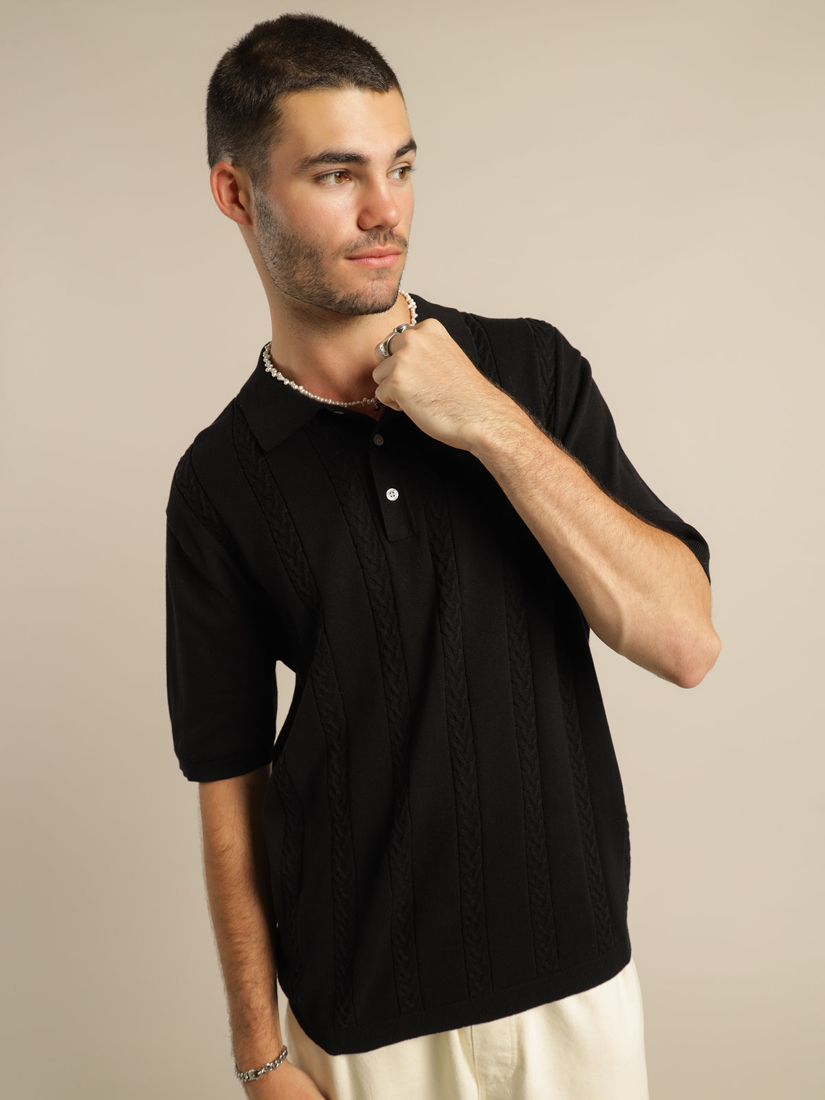 Cable Knit Short Sleeve Polo in Black