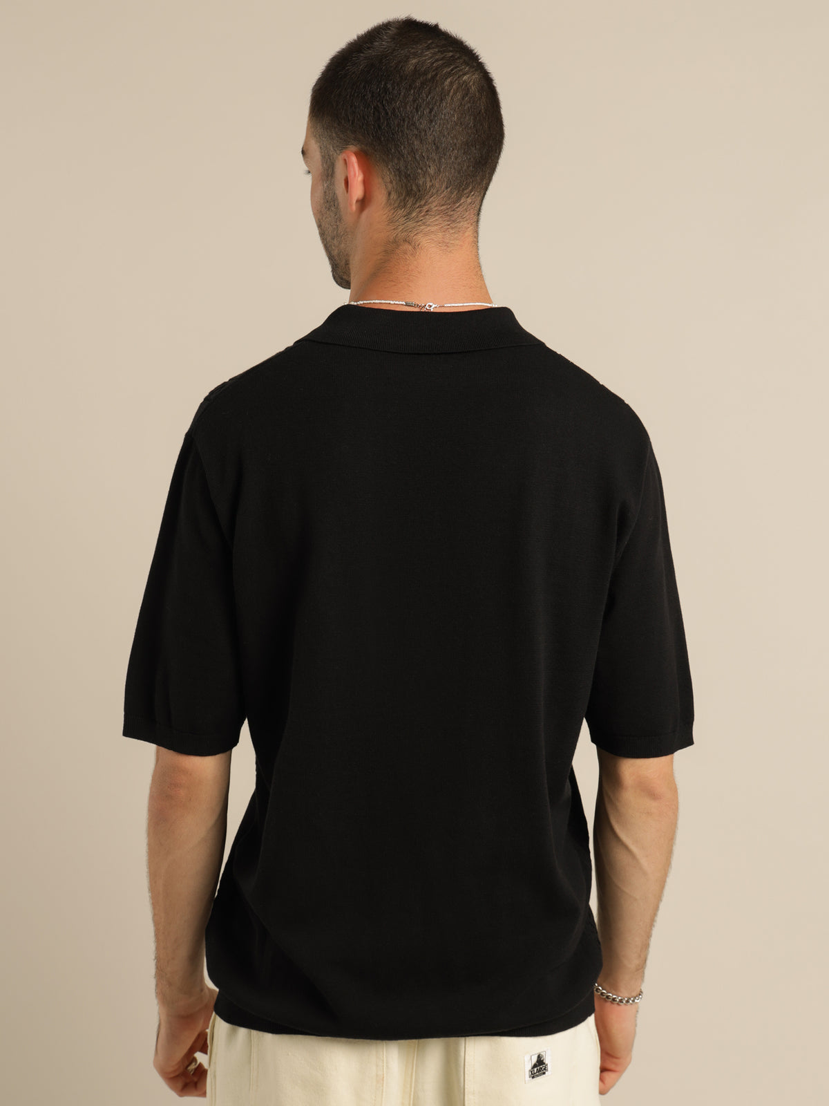 Cable Knit Short Sleeve Polo in Black