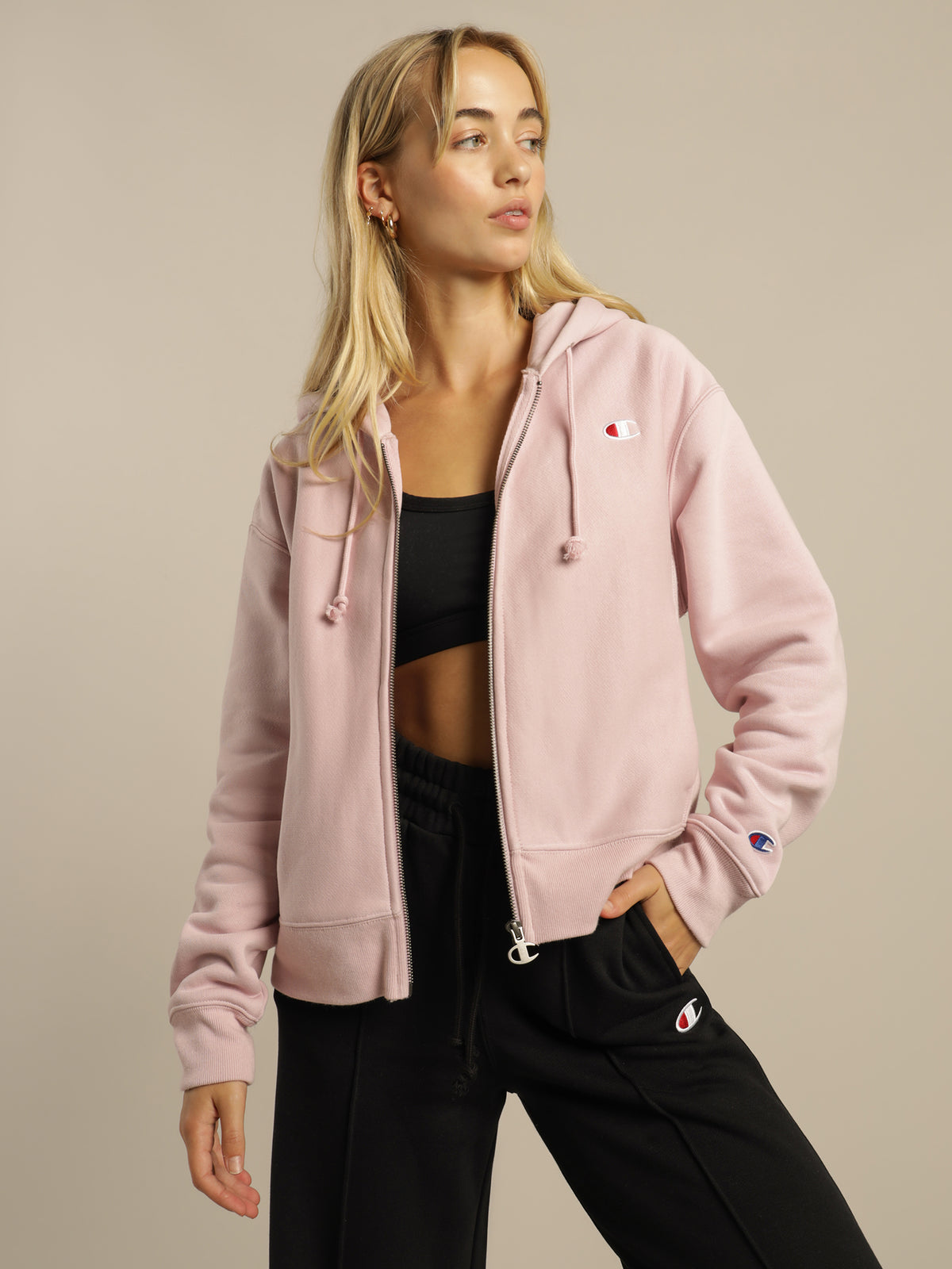 Reverse Weave C Zip Hood Jacket in Hush Pink