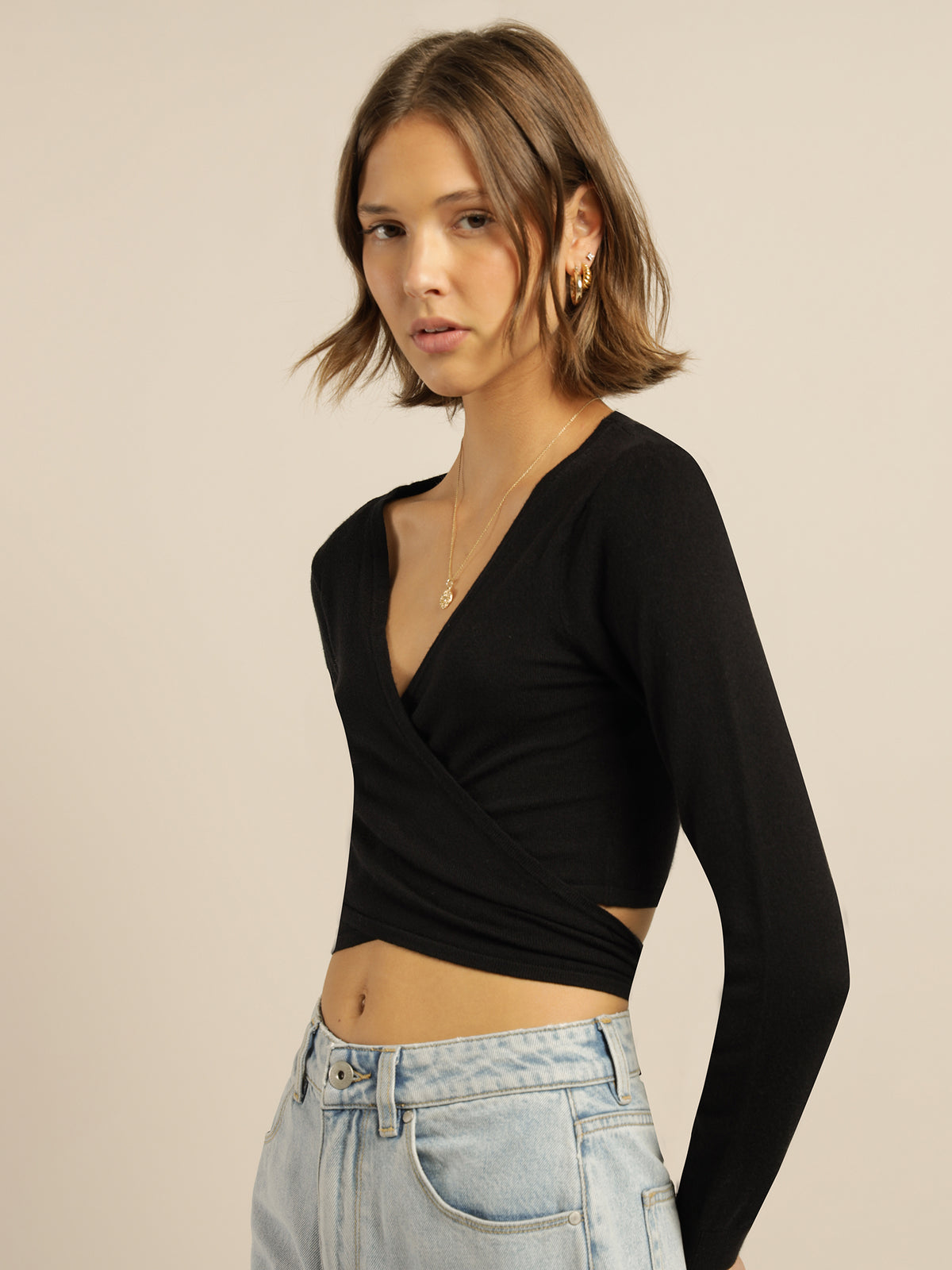 Stace Wrap Knit Top in Black