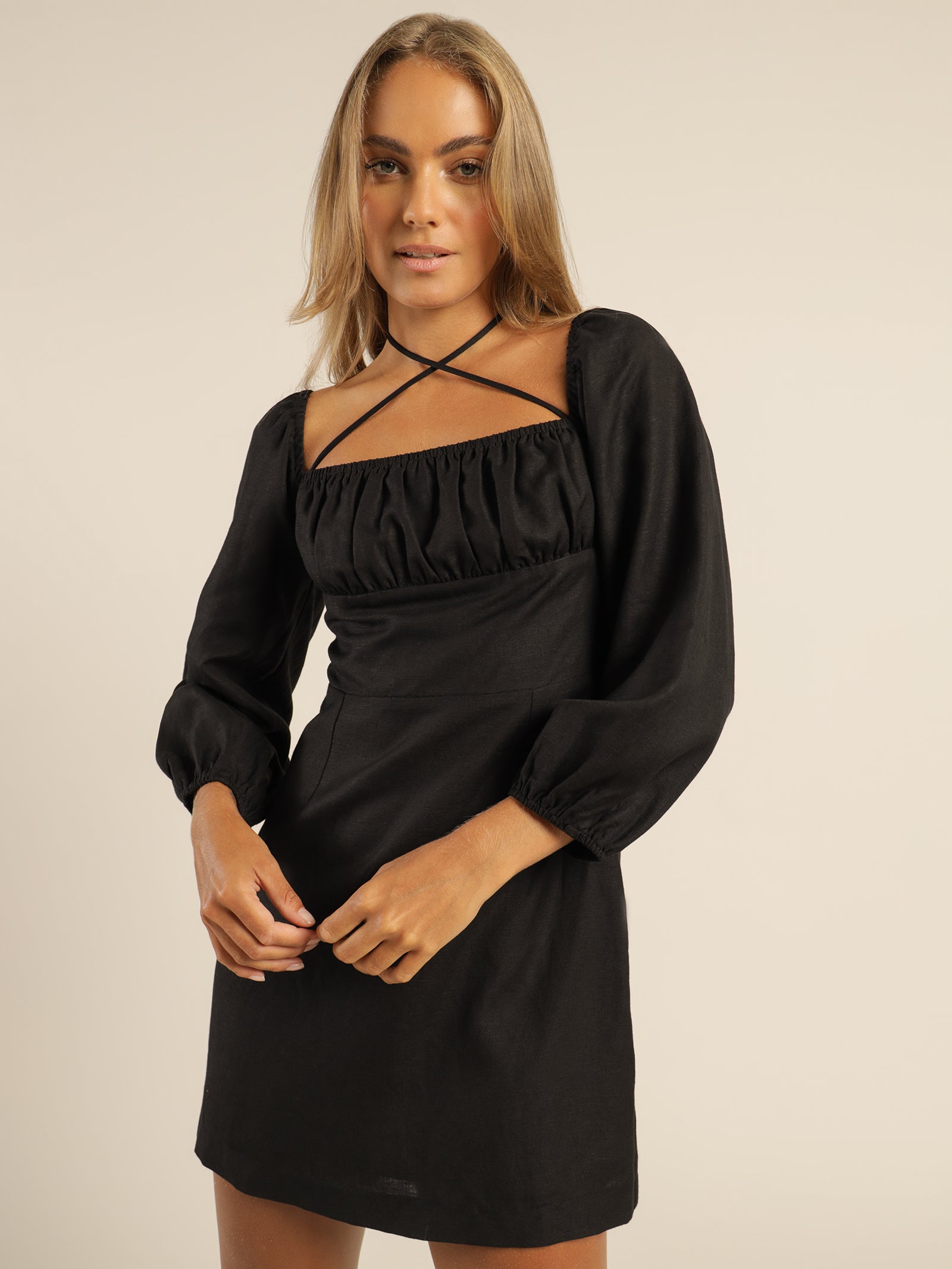 Thelma Linen Mini Dress in Black