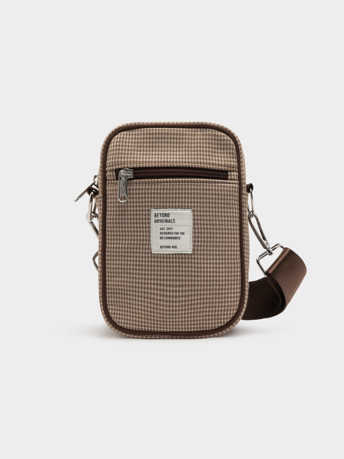 Zip-Front Side Bag in Brown &amp; Cream Check