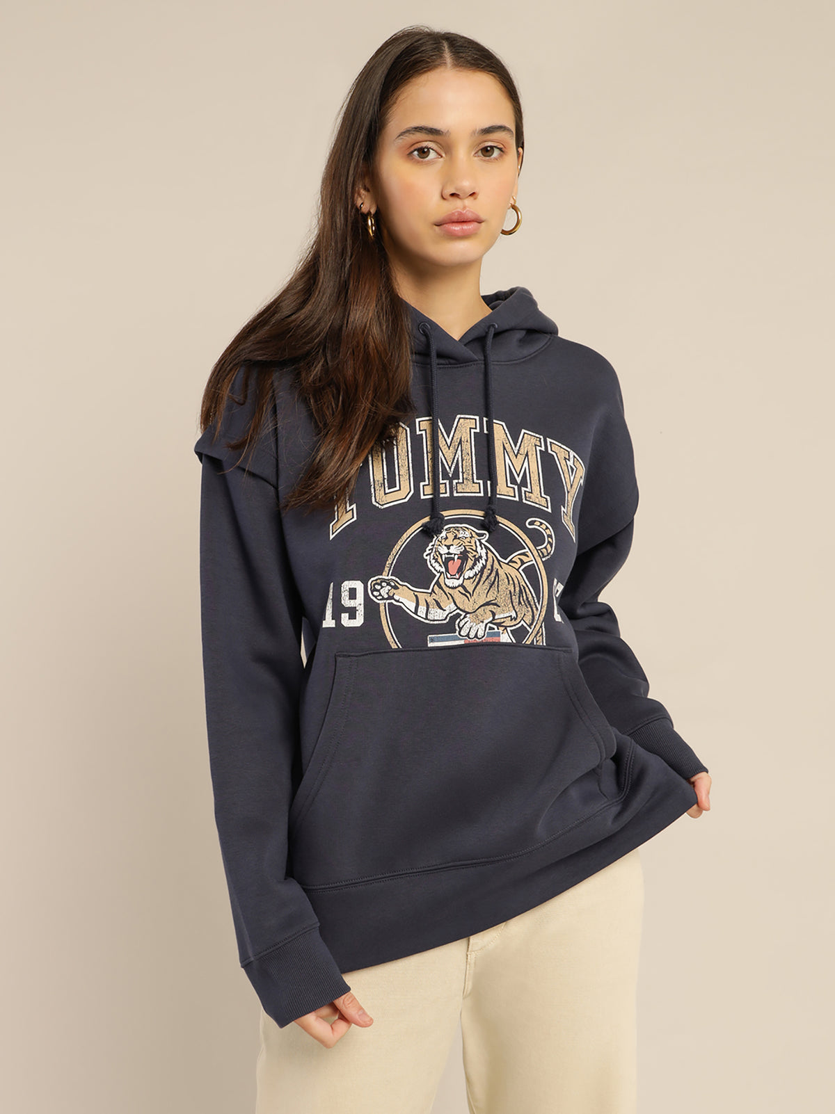 College Tiger Logo Relaxed Hoodie in Twilight Navy