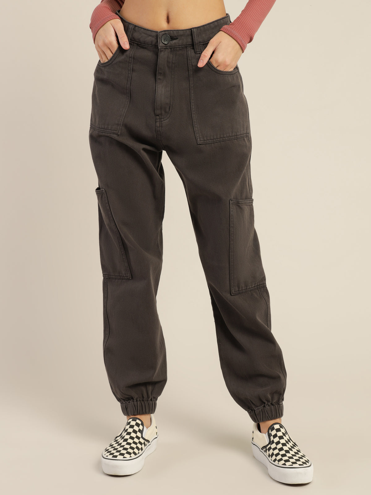 Mia Cargo Jogger Pants in Washed Black