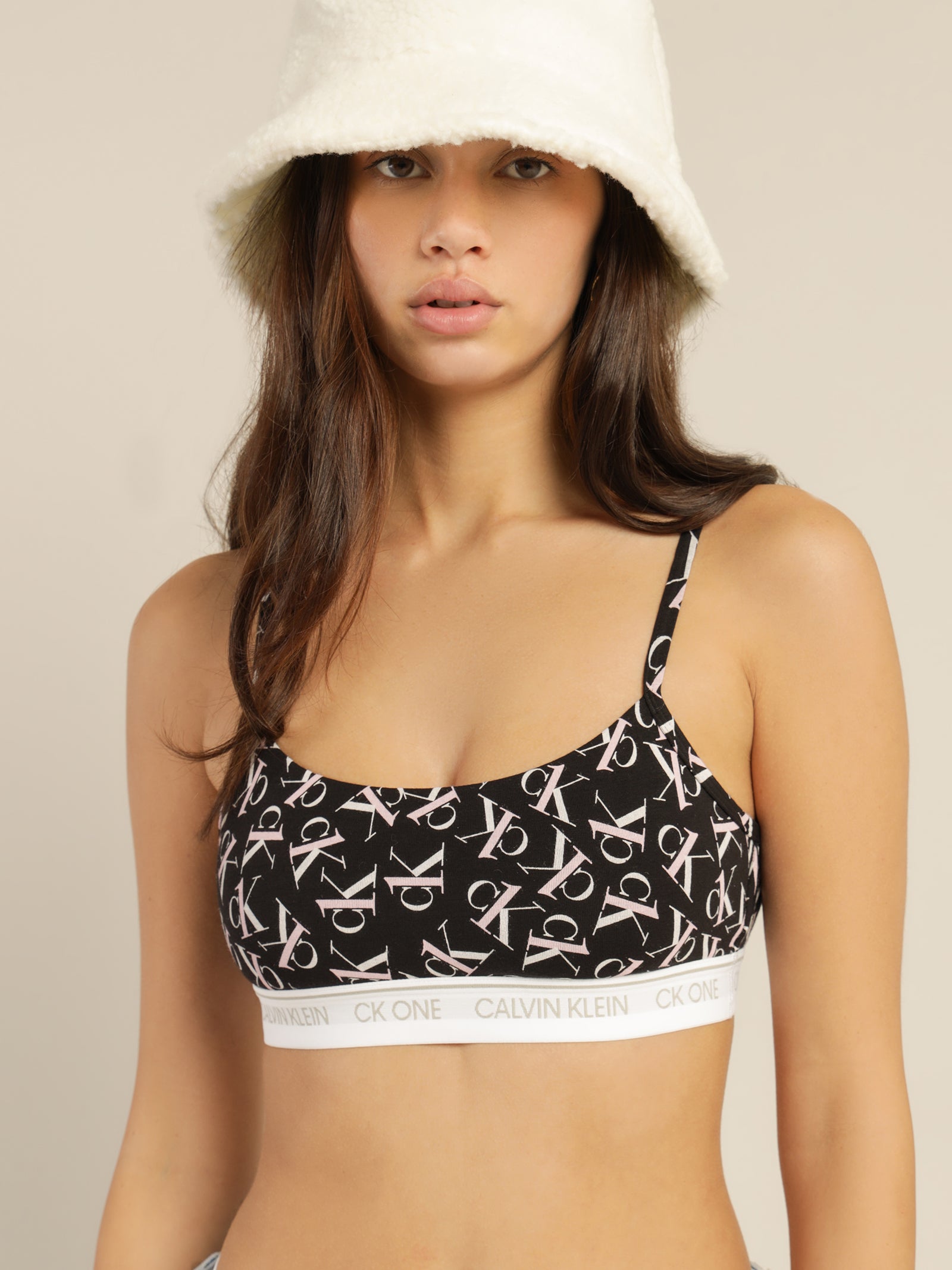 CK One Cotton Unlined Bralette in Black, White & Sand Rose - Glue