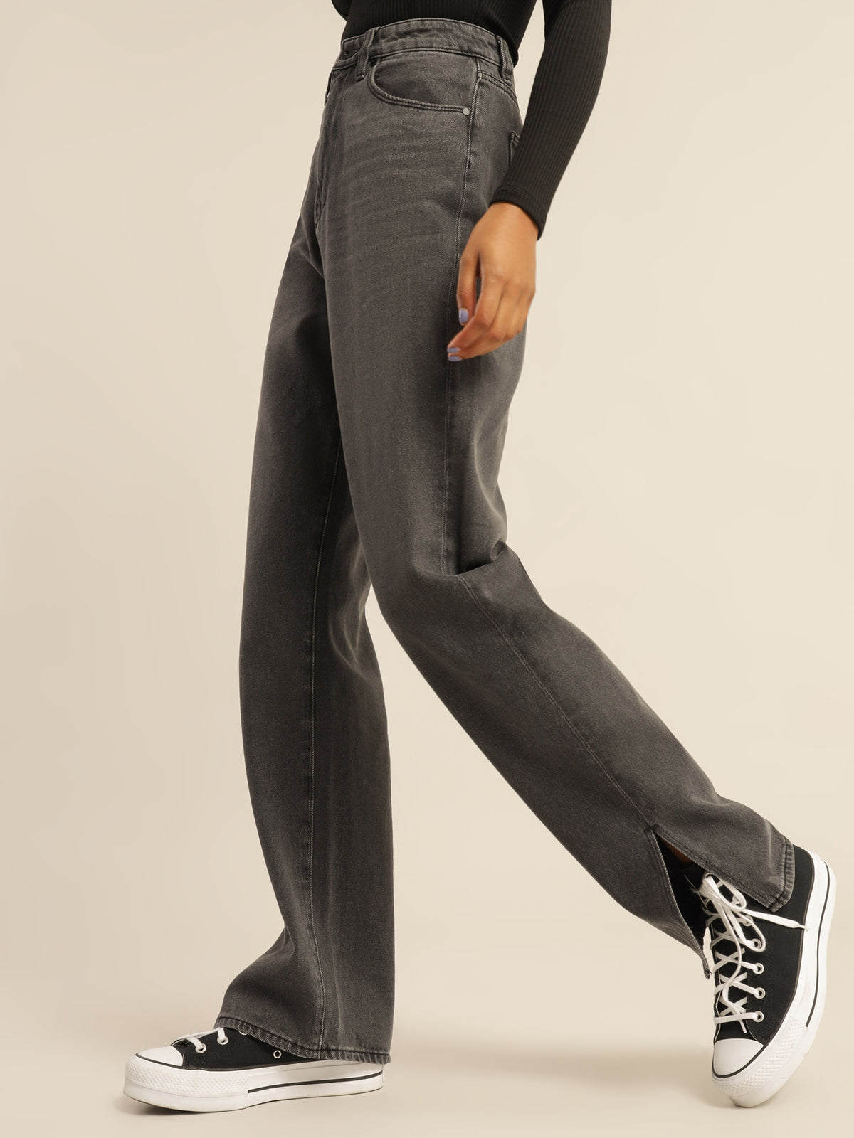 Hailey Baggy Split Jeans in Washed Black