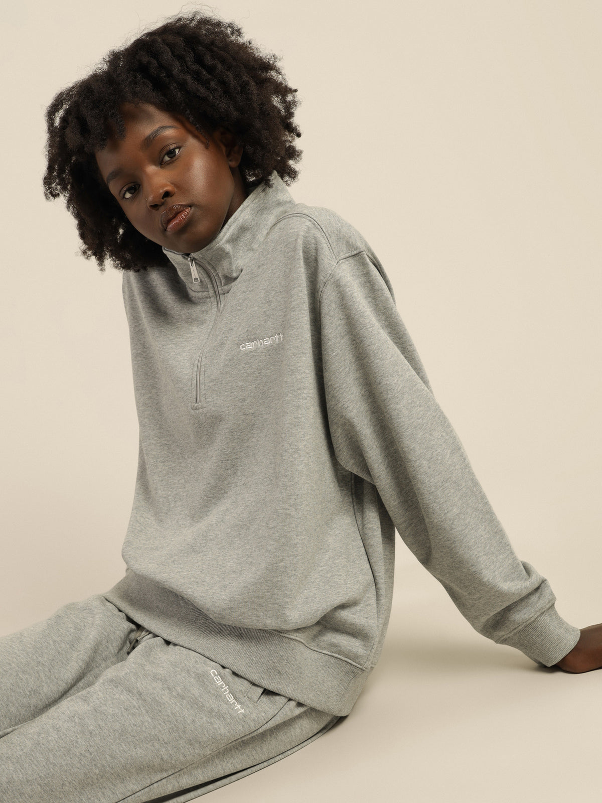 Script Embroidery Highneck Sweater in Grey Heather