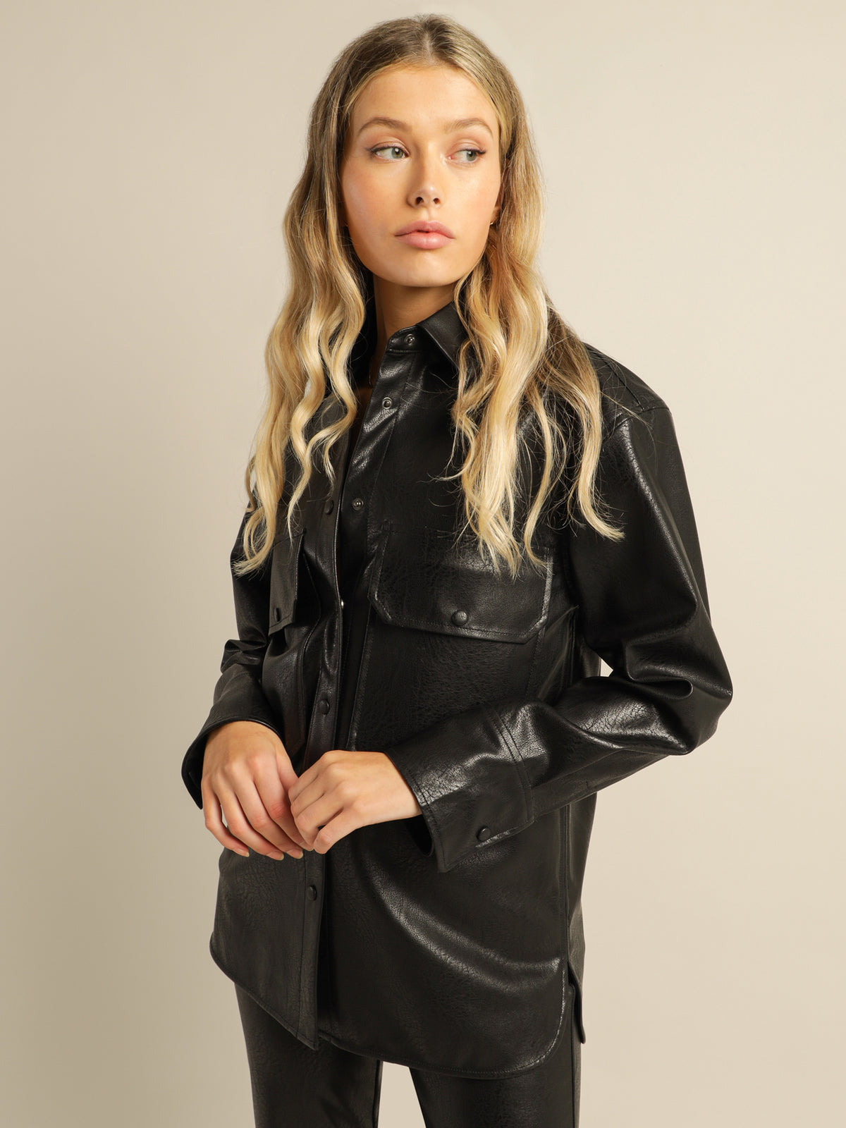 Spencer Faux Leather Shacket in Black