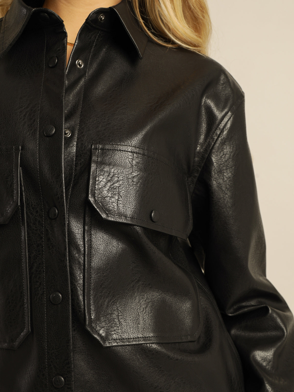 Spencer Faux Leather Shacket in Black
